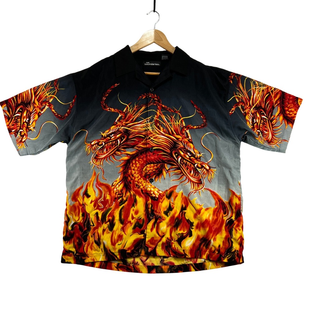 VTG Y2K No Boundaries Red Dragons Button Up Shirt Mens Large Loop Collar Flames